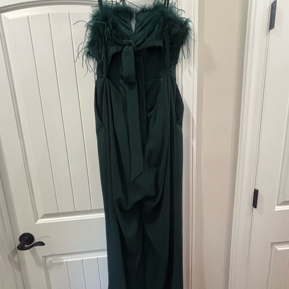 Dark Green Feather-Trim Jumpsuit